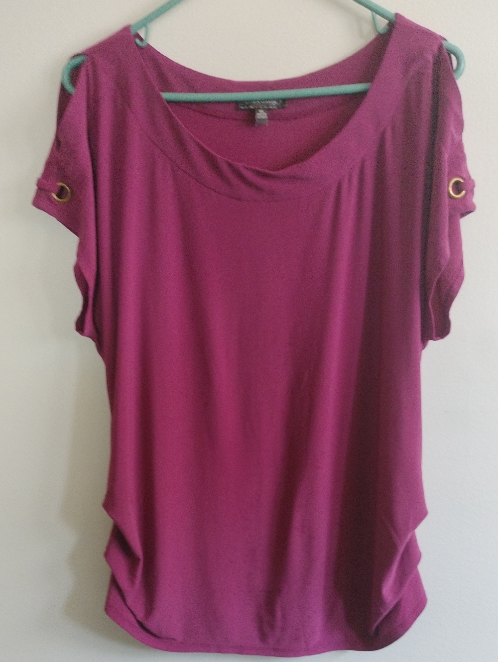 Luxology Magenta Short-Sleeve Drape Top with Gold Ring Detail